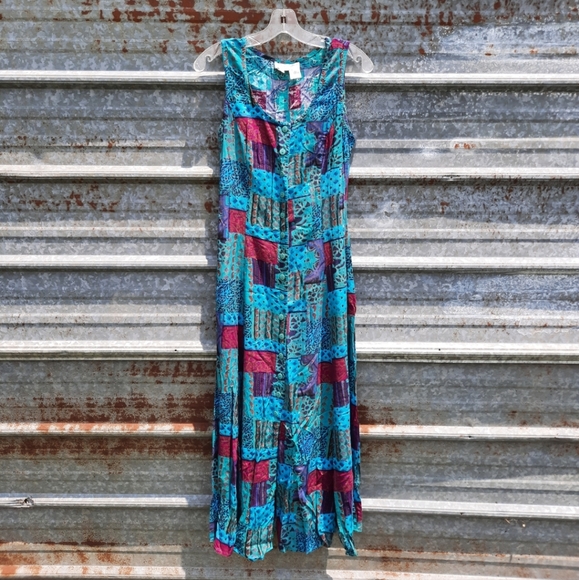 VINTAGE Boho Sleeveless Patch Work Design Front Button Up Maxi Shift Dress - Picture 10 of 14